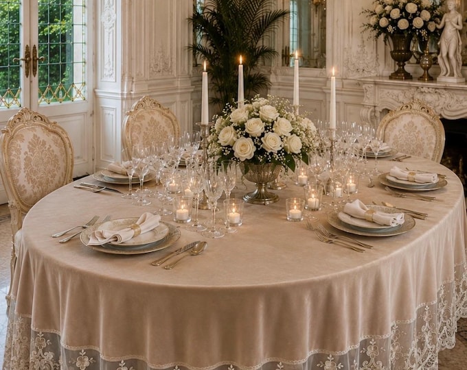 Luxury Italian Velvet Tablecloth with Rebrodé Lace | Elegant Beige Table Decor | Made in Italy