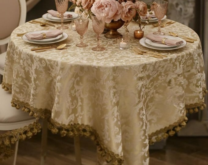 Gold Damask Tablecloth in Cotton Sateen with Elegant Trimmings in Aristocratic Style