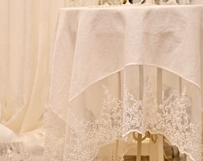 Precious tablecloth in mixed linen and lace “ELOIDE” ivory