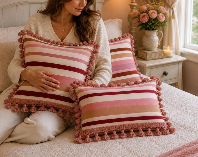 Striped cushion with trimmings