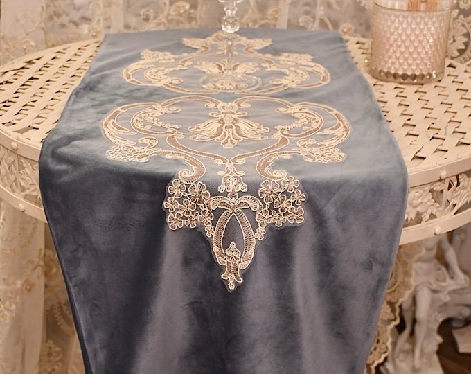Light Blue Velvet Runner “Ottocento” Collection