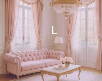 May include: An elegant living room featuring a pink buttoned sofa, a white coffee table, and a large chandelier. The room has pink curtains, a patterned rug, and a lamp. The overall style is classic and refined.