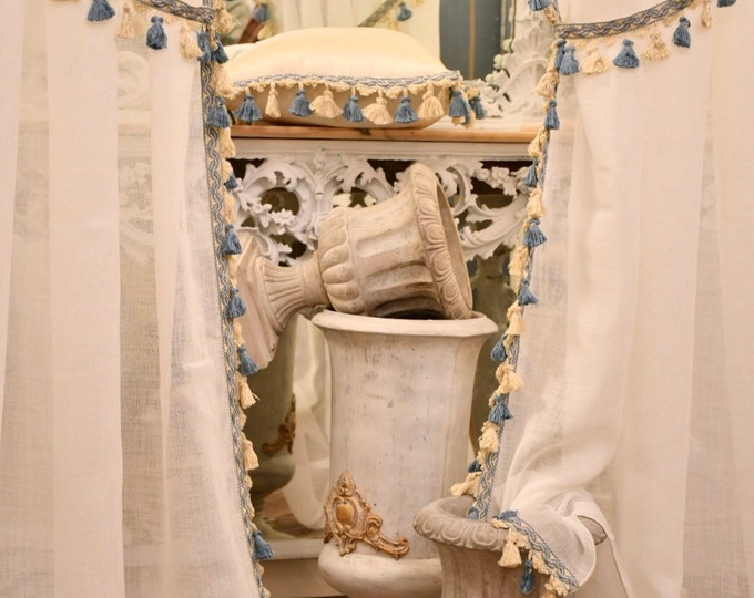 Pair of linen gauze curtains and blue trimmings