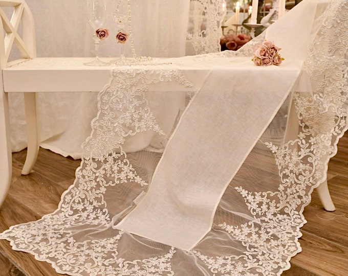 Precious runner in mixed linen and lace “ELOIDE”