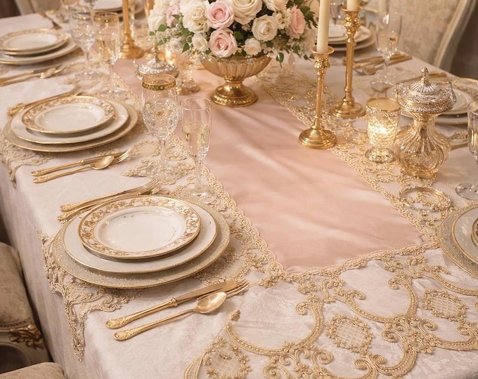 Green/Pink/Champagne Silk Satin Runner with Gold Lace “Renaissance”