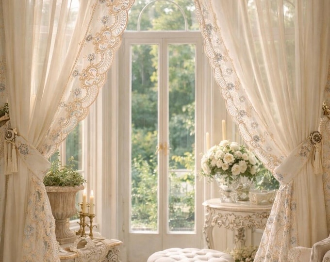 Pair of curtains in fine Italian voile and rebrodé lace "Maria Regina"