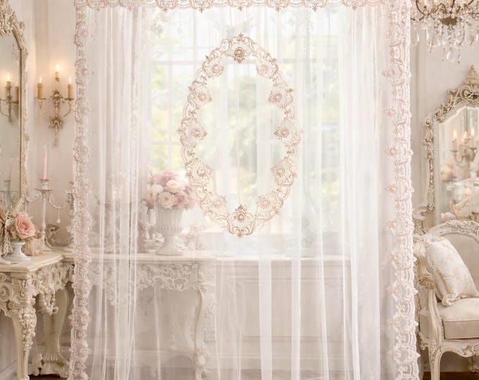 Romantic embroidered tulle curtain with central tabló and pink georgette valance