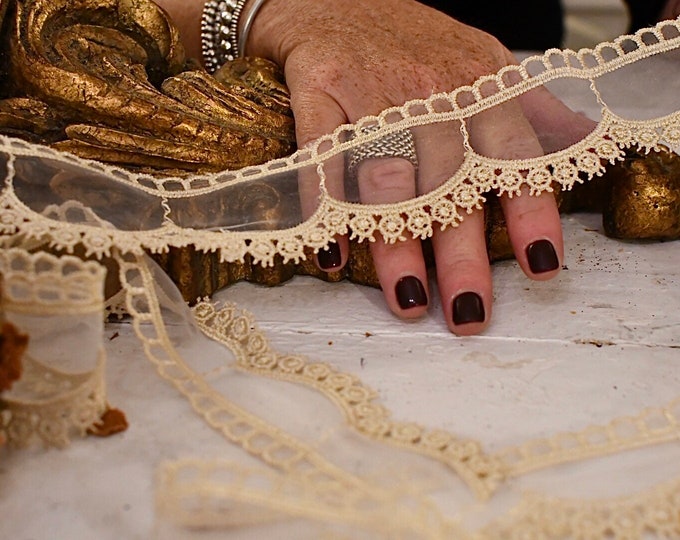 20th Century Italian Lace Border in Beige Embroidered Organza
