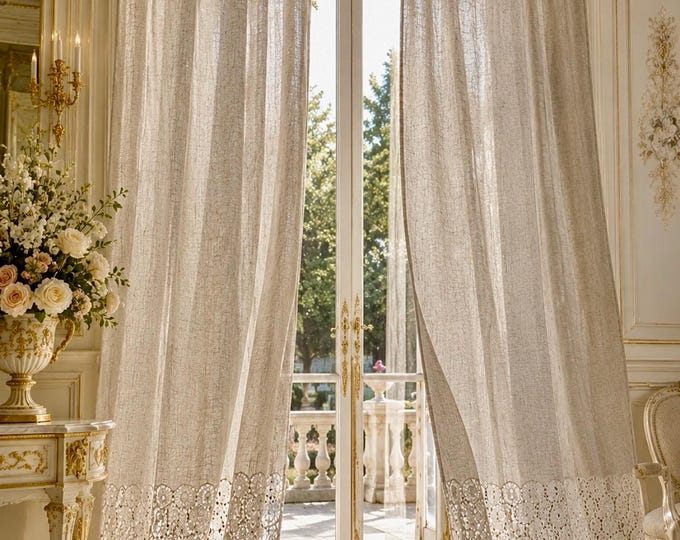 Precious linen blend curtain with macramé flounce