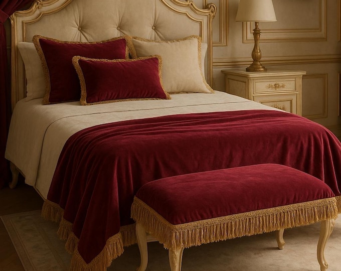 Luxury Burgundy Velvet Bedspread • Double-Layer Velvet Quilt with Light Gold Fringe Trim • Baroque Aristocratic Handmade Bedding