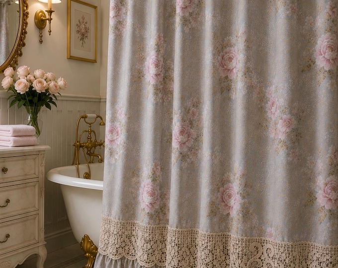 Cotton curtain with painted flowers and beige macramé lace – Handcrafted and custom – Faggianis Exclusive