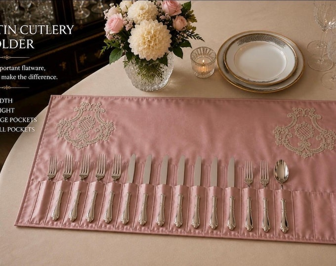 Luxury Blush Pink Satin Cutlery Holder, Organizer for Important Cutlery, Elegant Embroidered Silverware Case, Home Gift Idea