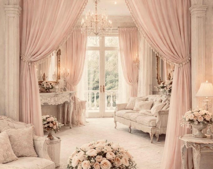 Pair of dusty pink pure Italian georgette curtains with precious trimmings