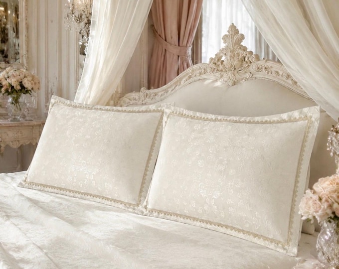 Pair of ivory Italian damask pillowcases – 50x80 cm with trimmings – Luxury handmade in Italy