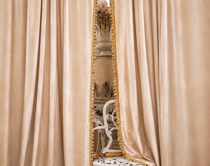 Pair of beige velvet curtains with precious Aristocratic trimmings