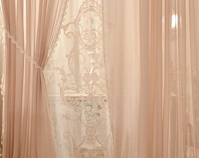 Powder pink georgette and linen curtain set with Italian embroidery from the “Annè” collection