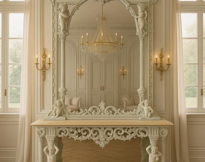 Impressive Baroque Console Table with Angels and Vines and Monumental Mirror, Italian Rarity
