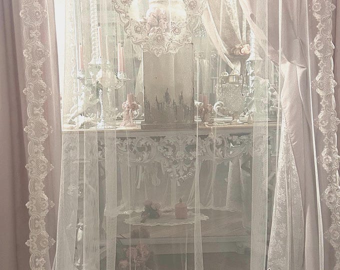 Tulle curtain with pink and ivory chantilly lace Romantic shabbychic style