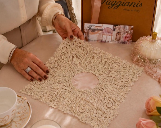 Set of 2 Luxury Faggianis Doilies in Beige, Gold, and Pink Satin Lace – Elegant Gift Idea