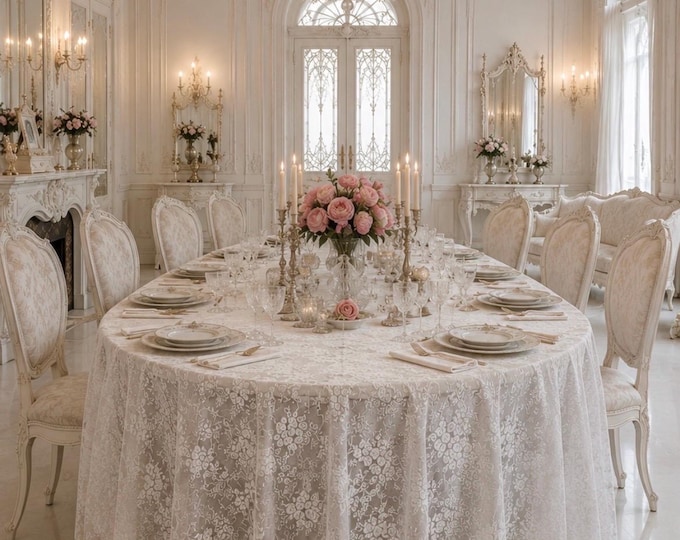 Tovaglia in Pizzo Chantilly con Bordo Rebrodé Bianco – Tovaglia Trasparente Elegante per Eventi, Tavoli Imperiali e Tavolini da Salotto