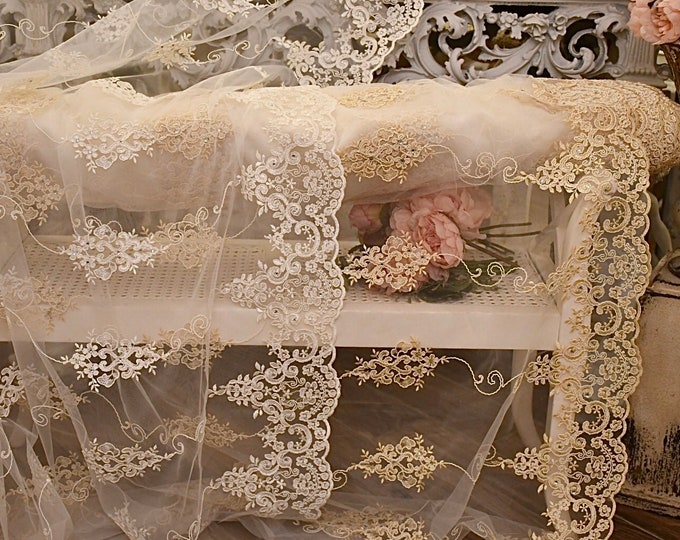 “Zaira” embroidered tulle fabric beige/white with glitter