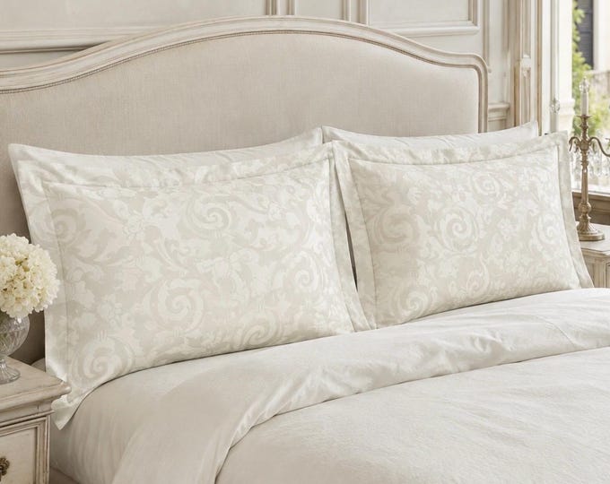 Pair of Ivory Damask Cotton Satin Pillowcases – 47x80cm Pillow Covers with Flyer – Rare Faggianis Piece