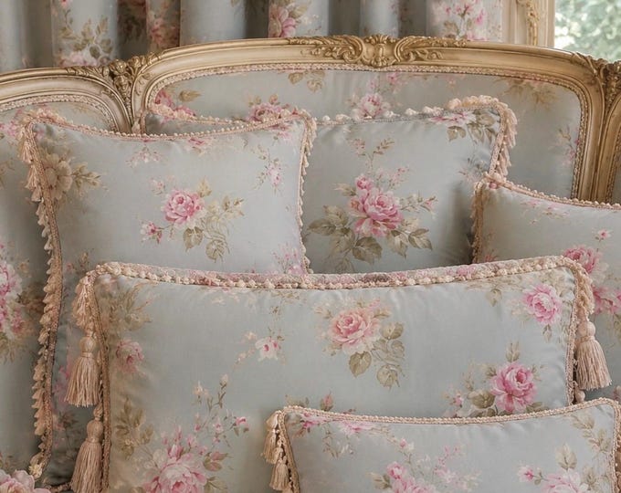 Blue cotton cushions with painted flowers and trimmings – Faggianis Collection