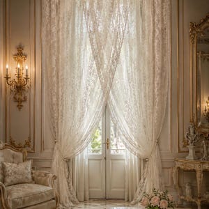 May include: Floor-length off-white lace curtains featuring an intricate floral pattern, hung from a gold rod. The sheer fabric is gathered at the sides with pearl-accented tiebacks, framing a set of double doors in a room with ornate gold wall moulding.