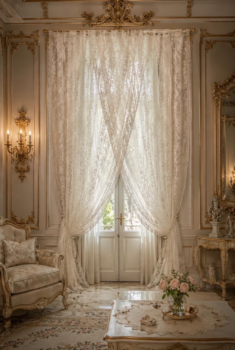 May include: Floor-length off-white lace curtains featuring an intricate floral pattern, hung from a gold rod. The sheer fabric is gathered at the sides with pearl-accented tiebacks, framing a set of double doors in a room with ornate gold wall moulding.