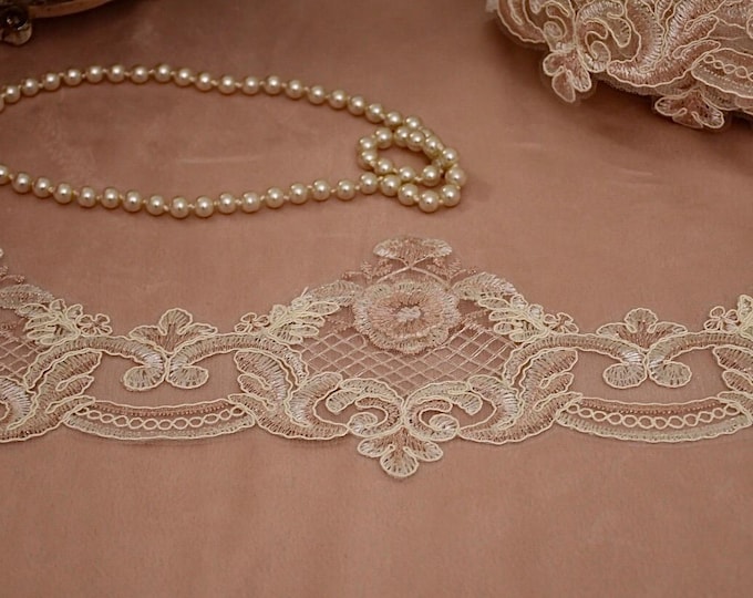 Pearl white and pink embroidered tulle lace “Celine”