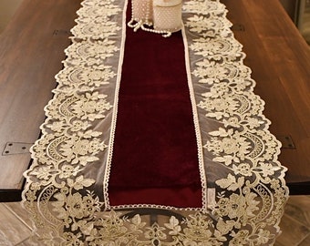 Wonderful burgundy velvet runner and “Claire” lace