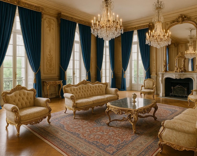 Pair of curtains in petrol blue velvet and precious trimmings “Aristocratiche”