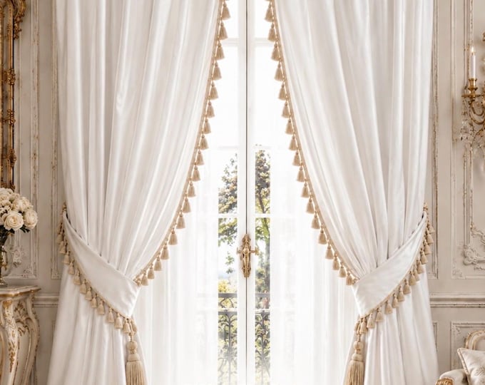 Slub Silk Curtain Set with Trimmings and Amber Trim – Pair of Handcrafted Panels | Classic Elegance Made in Italy