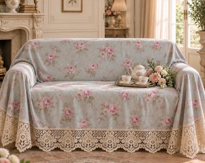 Large blue cotton sofa and armchair cover with painted flowers and beige macramé lace, romantic style