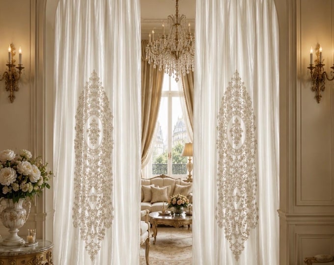 Luxury “Tableau Royal” Curtains in Pearl White Flamed Sateen – Handmade – Faggianis Neoclassical Style