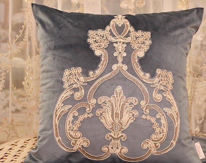 Light blue velvet cushion and precious lace “Ottocento” collection
