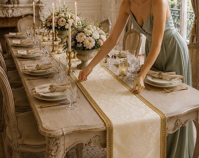 Luxury Ivory Brocade Table Runner with Antique Gold Trim | Faggianis Tailored Table Runner