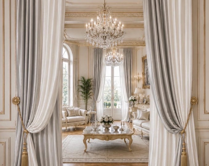 Luxury Silk Curtain Panel | Handmade in Italy | White, Pearl Grey or Two-Tone | Sold Individually