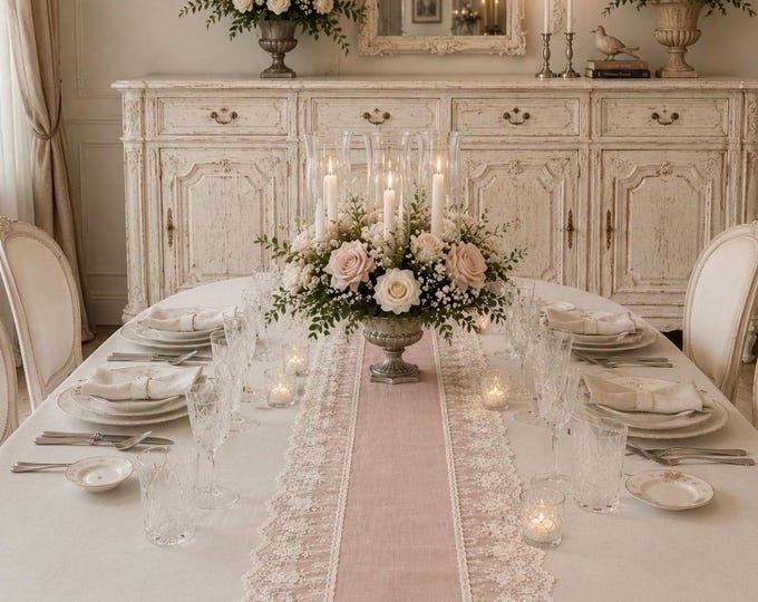 Runner in Pure Washed Linen with Fine Lace