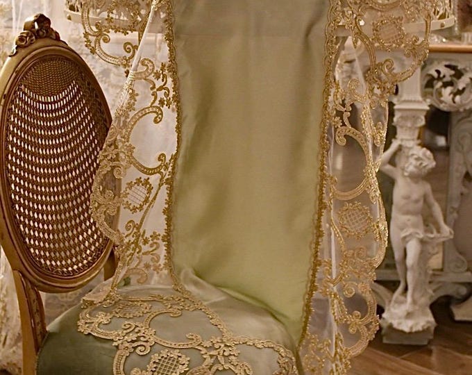 Runner Satin in Sage Green Silk and Gold Lace “Renaissance”