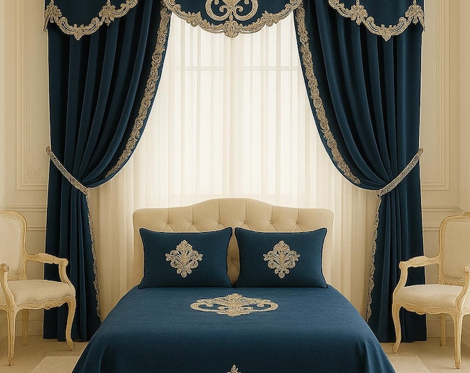Tailored bedspread in petrol blue velvet with rebrodé lace from the “Ottocento” collection