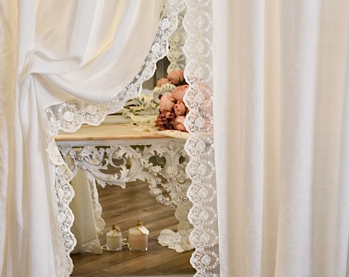 Elegant and refined curtain in pure white linen and fine lace "ROSALINDA"