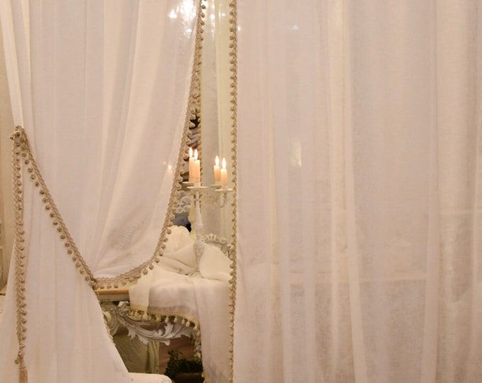 Set of 2 curtains in linen gauze and trimmings complete with ambers
