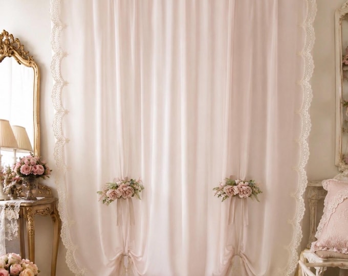 Georgette Curtain with Floral Rebrodé Lace and Romantic Drape – Handcrafted Curtain in White or Powder Pink – Made to Measure