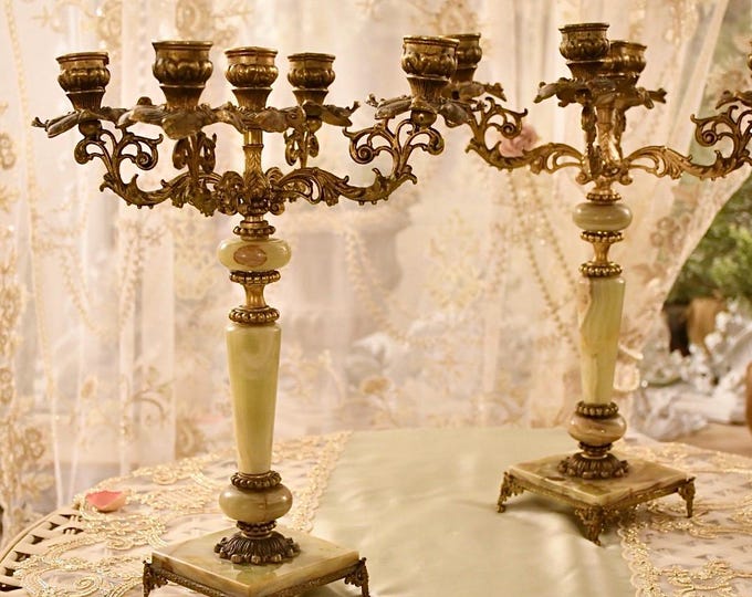 Pair of Antique Alabaster and Bronze Candelabra