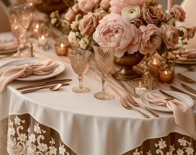Tablecloth in natural linen and fine white rebrodé lace “”Maria Regina”