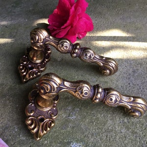 May include: Two ornate brass door handles with intricate details. The handles are in a vintage style and have a warm, golden finish.