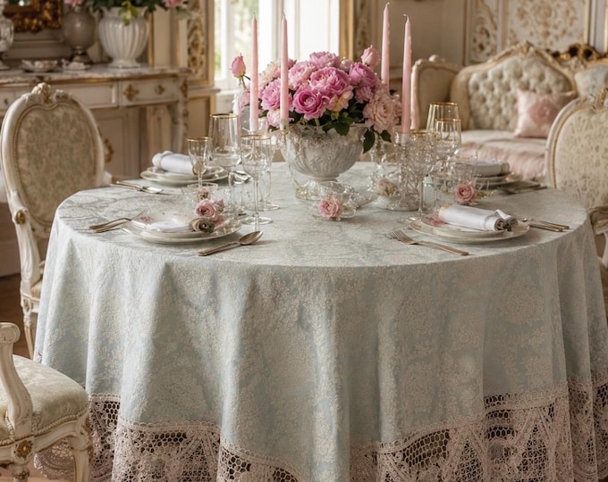 Royal Style Tablecloth in Light Blue Brocade with Antique Ivory Macramé Lace – Luxury Collection