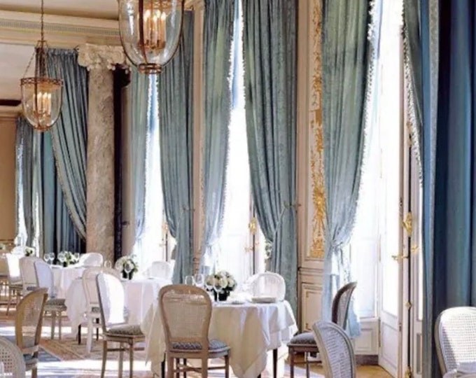 Pair of intense powder blue velvet curtains, with precious Made in Italy "Aristocratic" trimmings