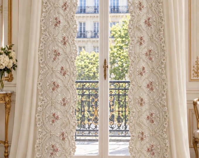 Rosabelle curtains in georgette and tulle with Rebrodé lace and applied roses